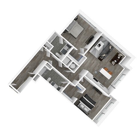 A 3D floor plan of a house with multiple rooms.